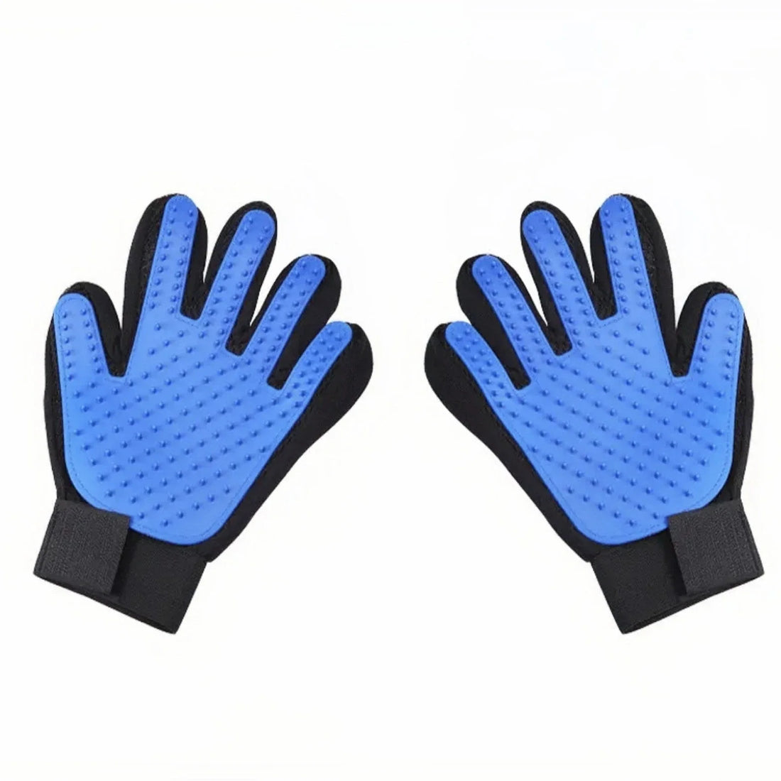 A pair of blue Trimvoro Nuzzle grooming gloves, one of the starter coat tools for new dog owners