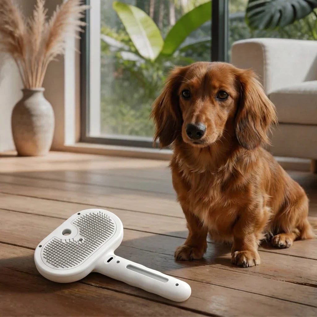 Long-haired red dachshund sitting on a wooden floor next to the white Trimvoro Halcyon Comb