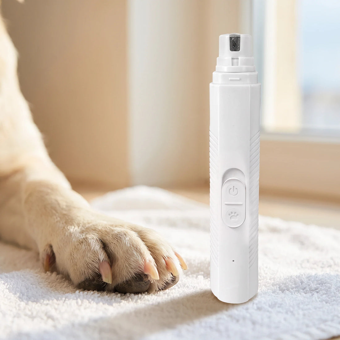Close-up of a dog's paw resting on a towel beside the white Trimvoro Aegis Pro Nail Grinder