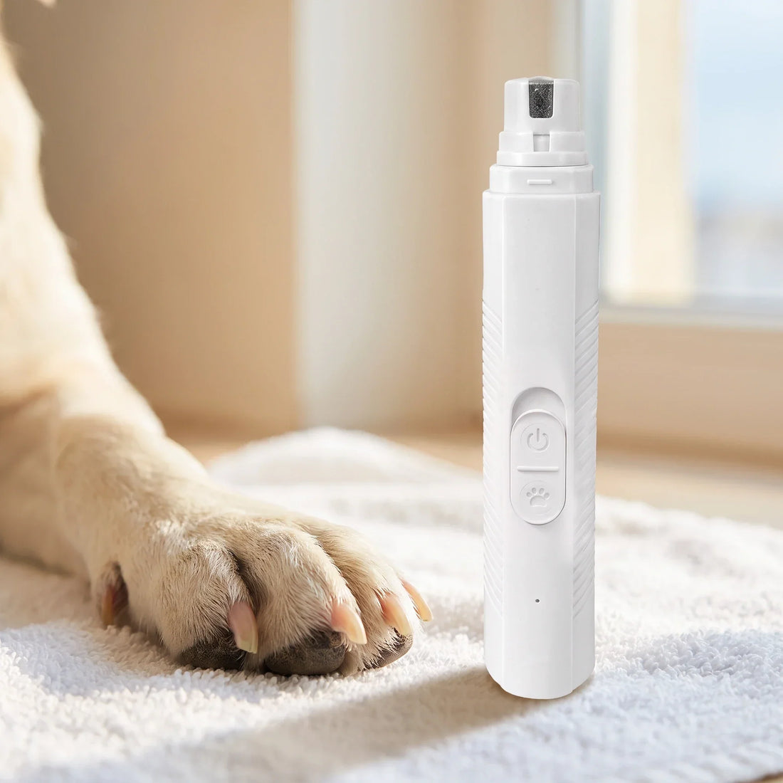 Close-up of a light-coated dog's paw resting on a white towel beside a white Trimvoro nail grinder