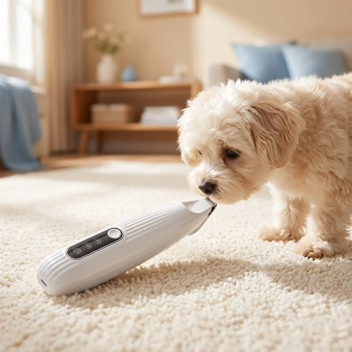 Fluffy cream puppy sniffing the white Trimvoro Halo Trimmer lying on a soft rug