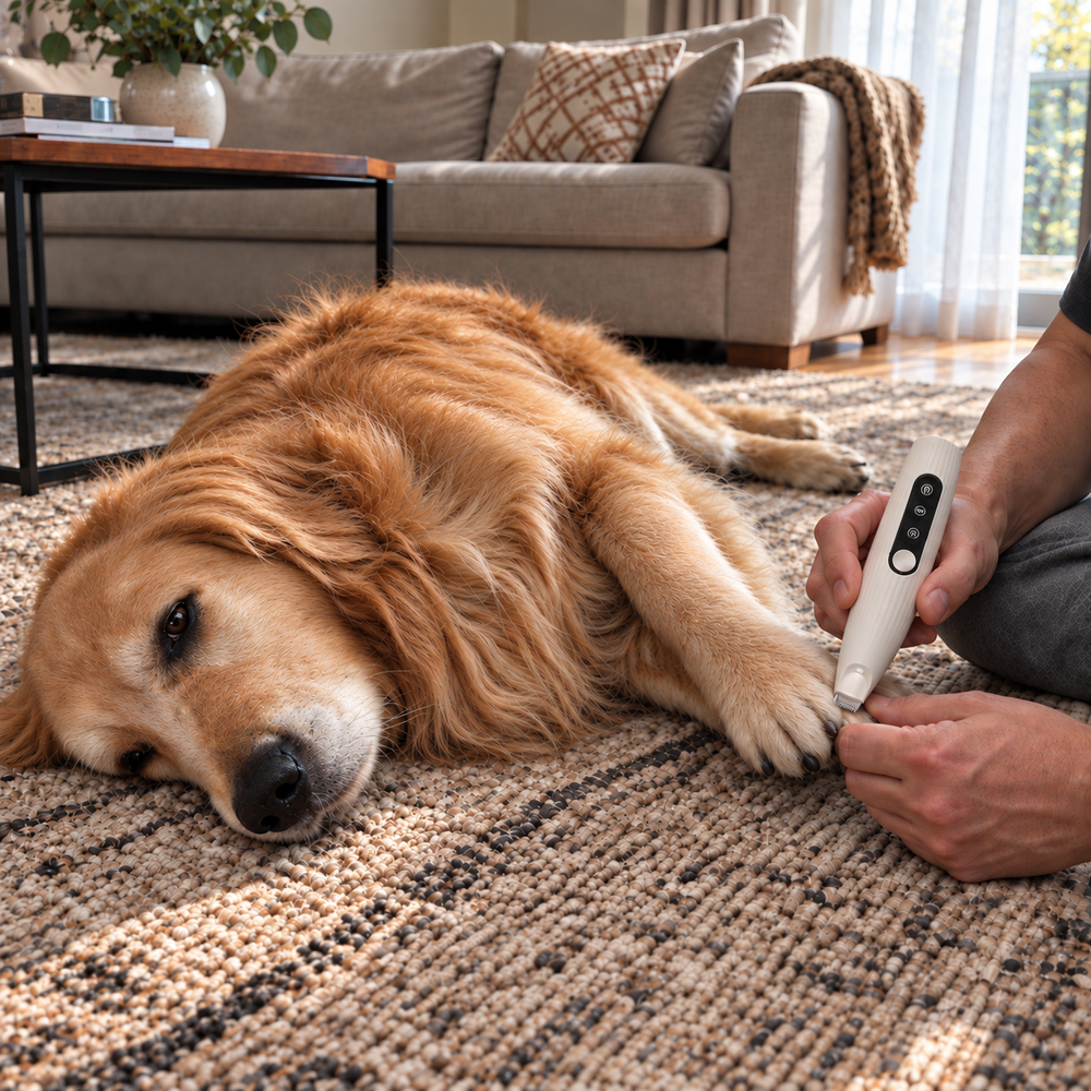 Golden retriever lying on a rug while its owner trims the fur on a front paw with the Halo trimmer
