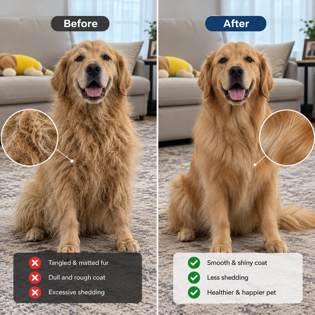 Golden retriever's coat shown before and after brushing