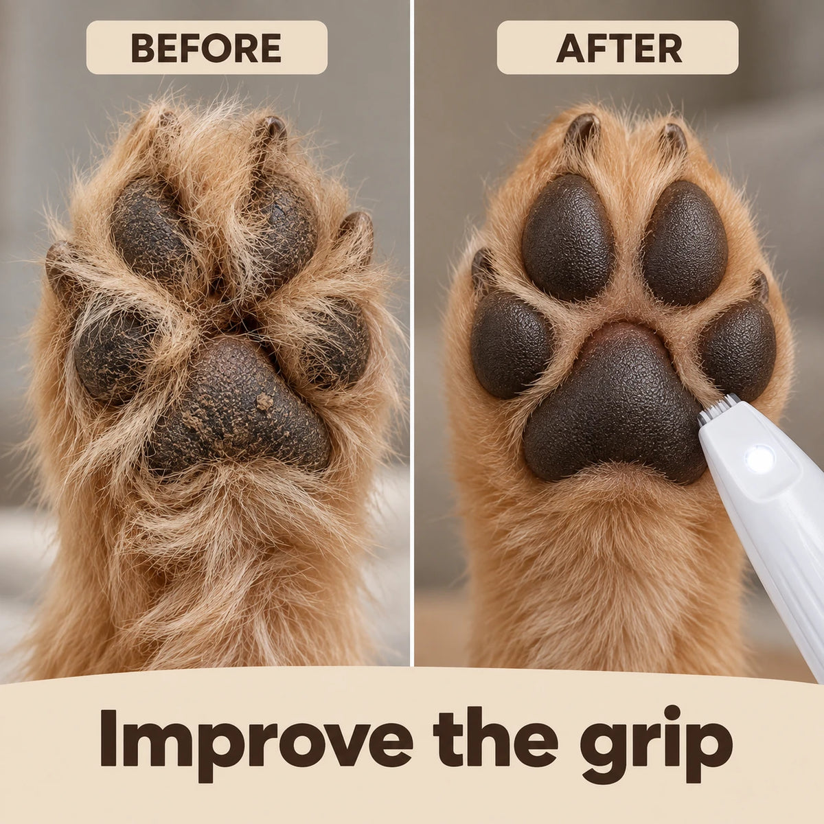 Two close ups of a dog's paw pads shown with the Halo trimmer