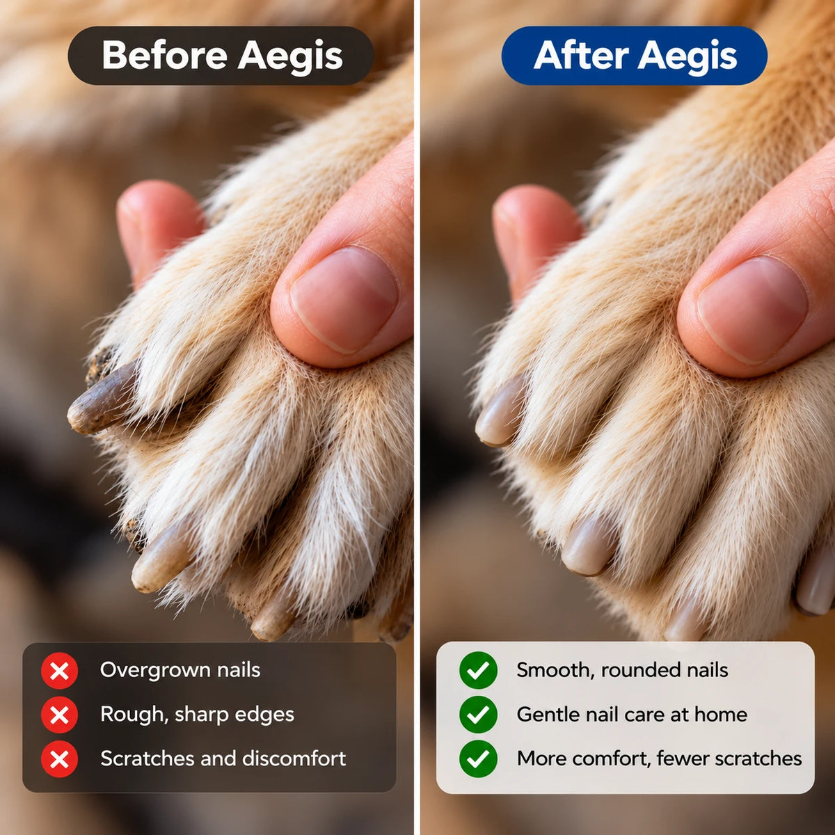 Close up of a dog's paw and nails, shown before and after filing