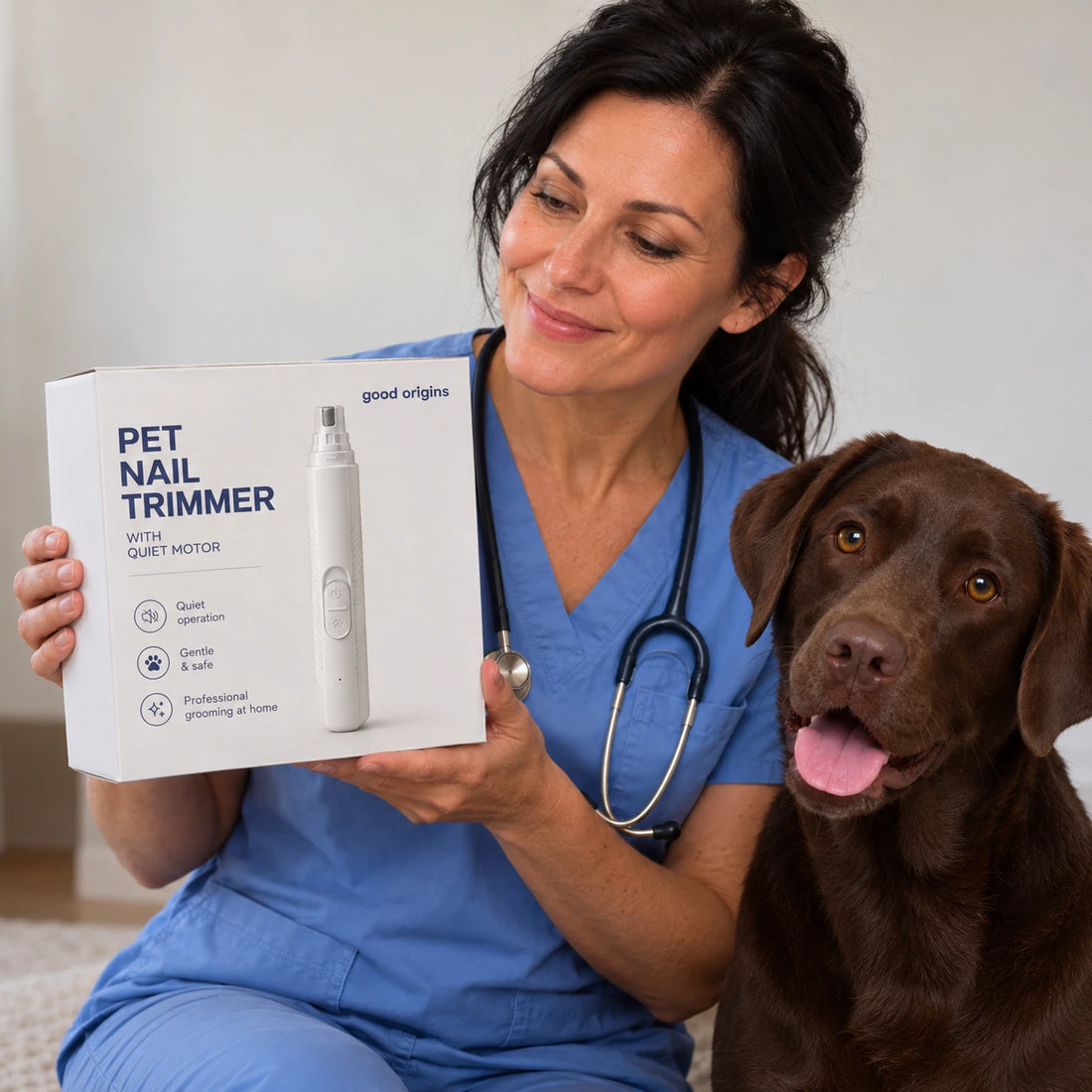 Smiling woman holding a white pet nail trimmer box next to a chocolate Labrador