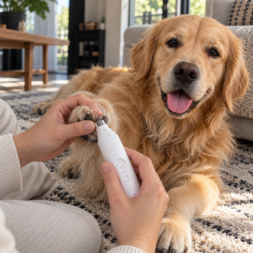 Owner holding a golden retriever's paw and filing the nails with the Aegis Pro grinder on a living room rug