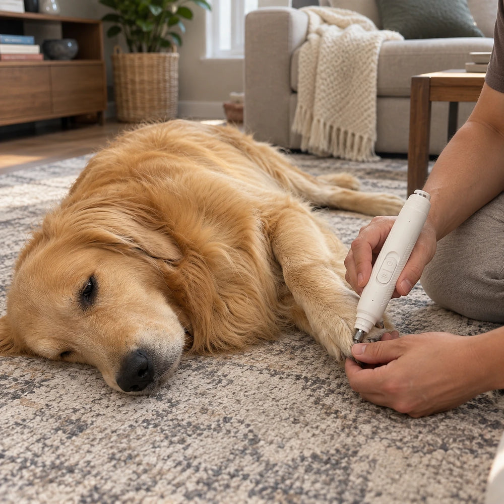 Golden retriever lying on a rug while its owner files a front nail with the Aegis Pro grinder