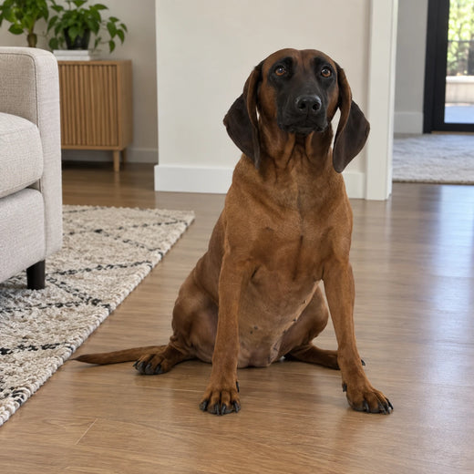 Red hound dog sitting on a wooden floor in a bright living room
