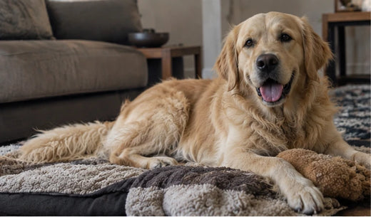 Muffin, a golden retriever and Trimvoro brand dog, lying on a blanket in a living room beside a soft toy