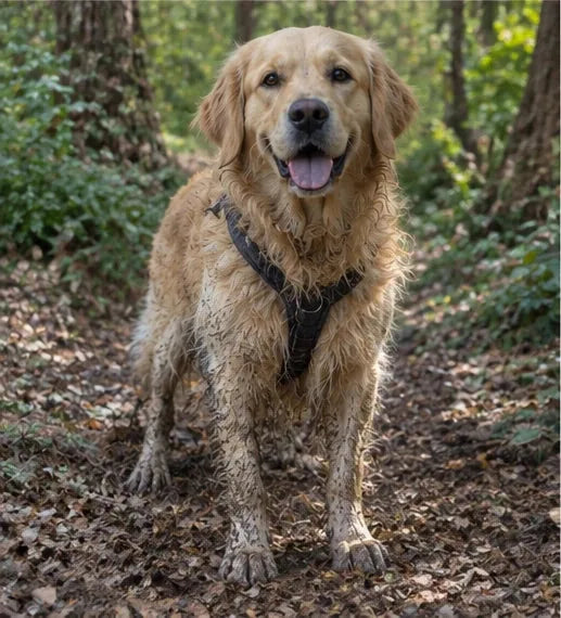 Muffin, a golden retriever and Trimvoro brand dog, standing muddy in a harness on a forest path