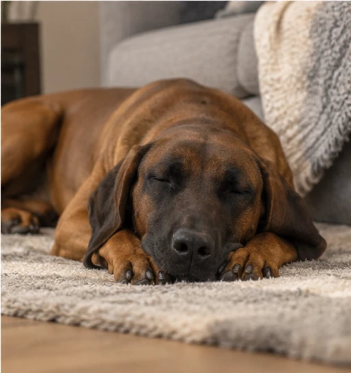 Teddy, a red hound and Trimvoro brand dog, napping with his head on his paws on a rug at home
