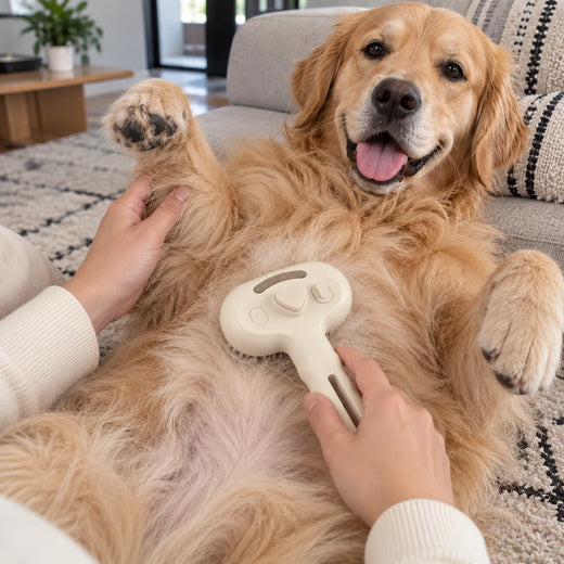 Golden retriever lying on its back on a rug while its owner brushes its belly with the Halcyon Comb