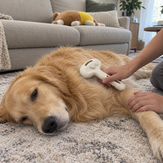 Golden retriever lying on a rug while its owner brushes its back with the Halcyon Comb