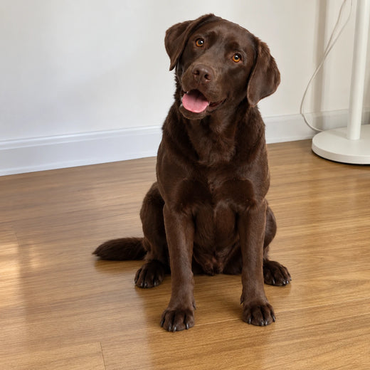 Chocolate Labrador sitting on a wooden floor in a bright room