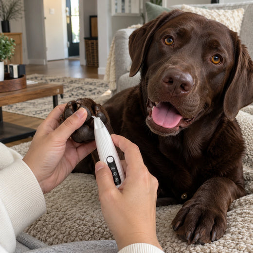 Owner holding a chocolate Labrador's paw and trimming the paw fur with the Halo trimmer