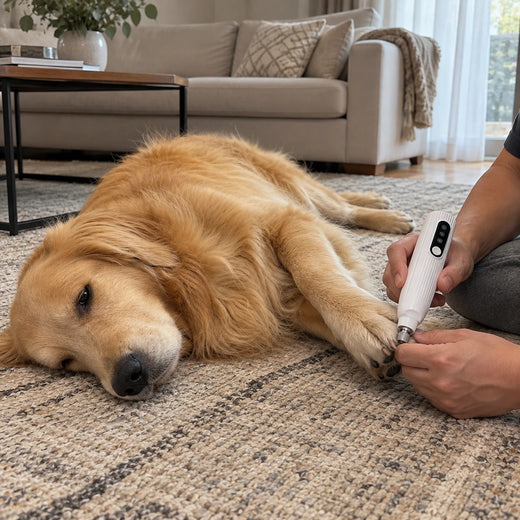 Golden retriever lying on a rug while its owner trims the fur on a front paw with the Halo trimmer