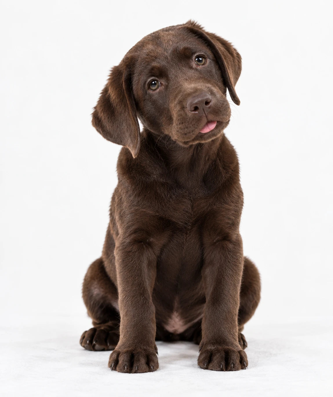 Chocolate Labrador puppy sitting and looking up
