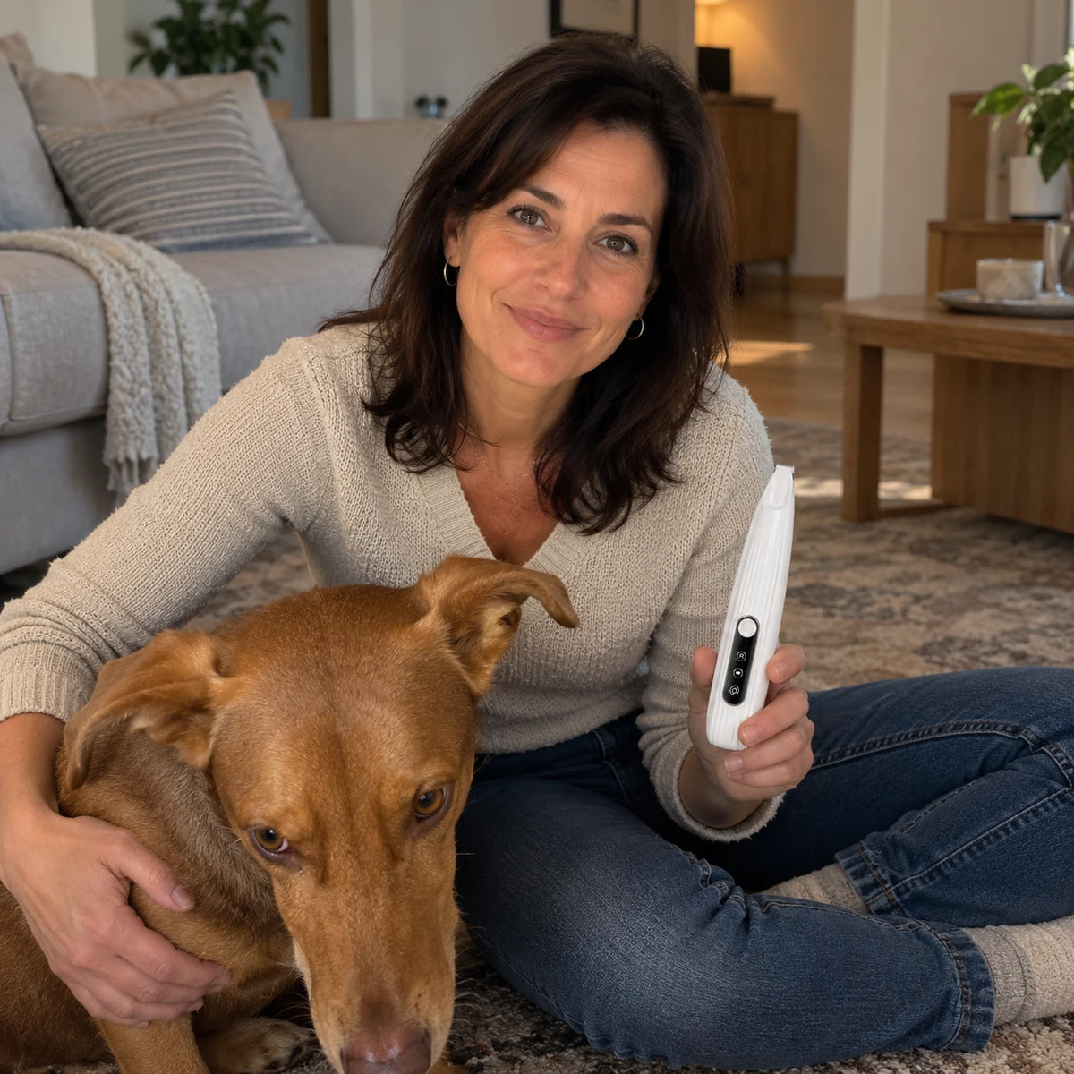 Woman sitting on the living room floor with her brown dog, holding a small white grooming tool