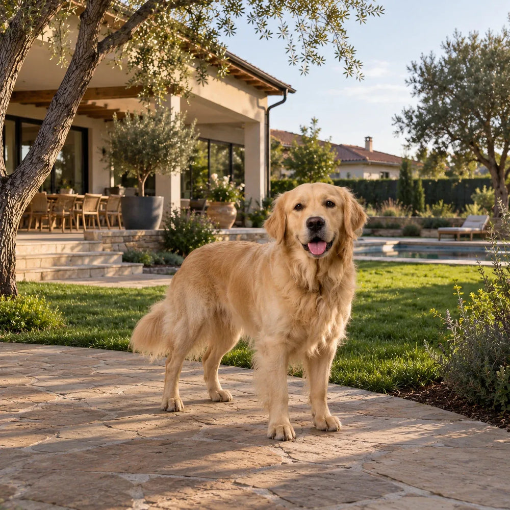 Golden retriever standing on a sunny backyard patio with a lawn and trees behind