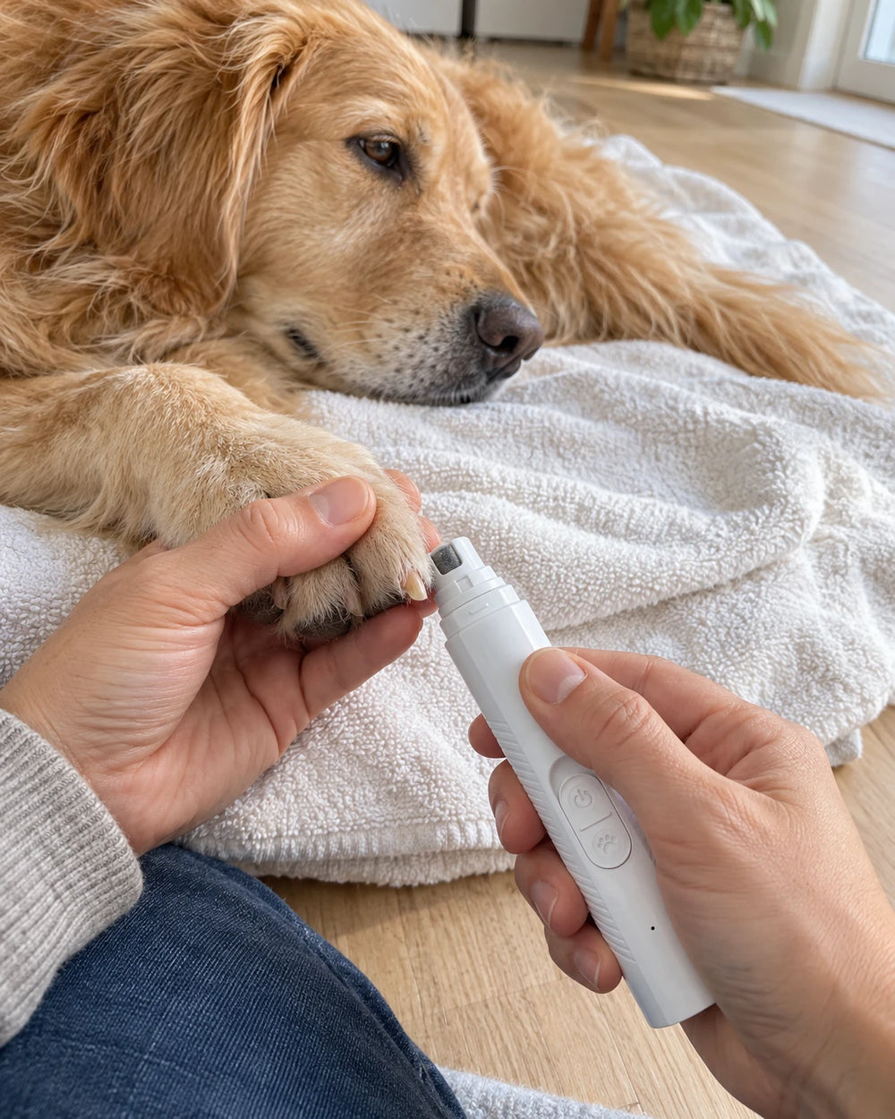 Hand holding a golden dog's paw on a towel while filing a nail with the Aegis Pro grinder
