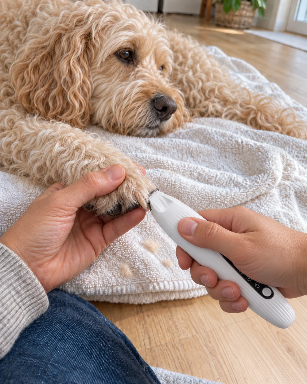 Hand holding a curly golden dog's paw on a towel while trimming paw fur with the Halo trimmer
