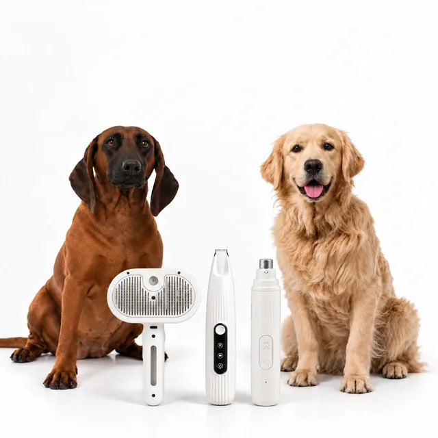 Teddy, a red hound, and Muffin, a golden retriever, the Trimvoro brand dogs, beside the Halcyon, Halo and Aegis Pro
